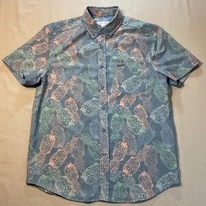 Vintage Summer Short Sleeve Button Up, Blue Pastel Pineapple Pattern, Size S